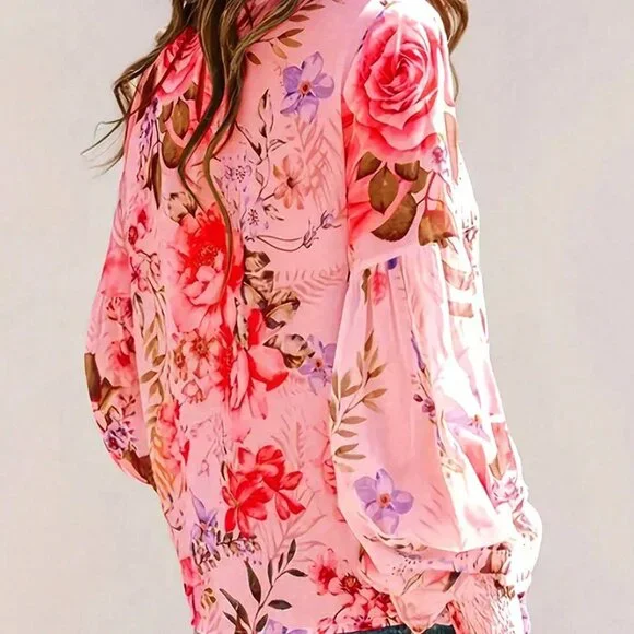 Pink Elegant Women's Floral Print Pleated Bubble Sleeve Vacation Pullover Shirt - Picture 2 of 3